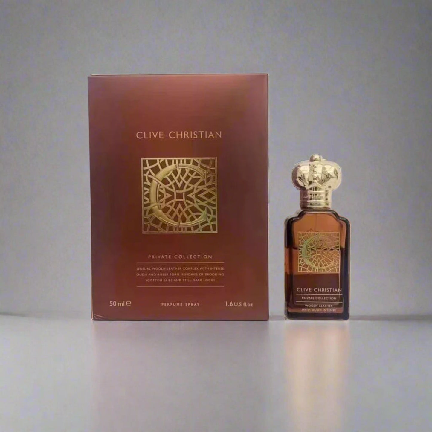 Clive Christian perfume bottle and packaging on a white background