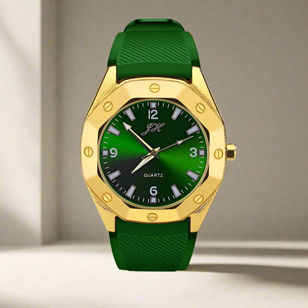 Green watch with gold case and green strap on a white background