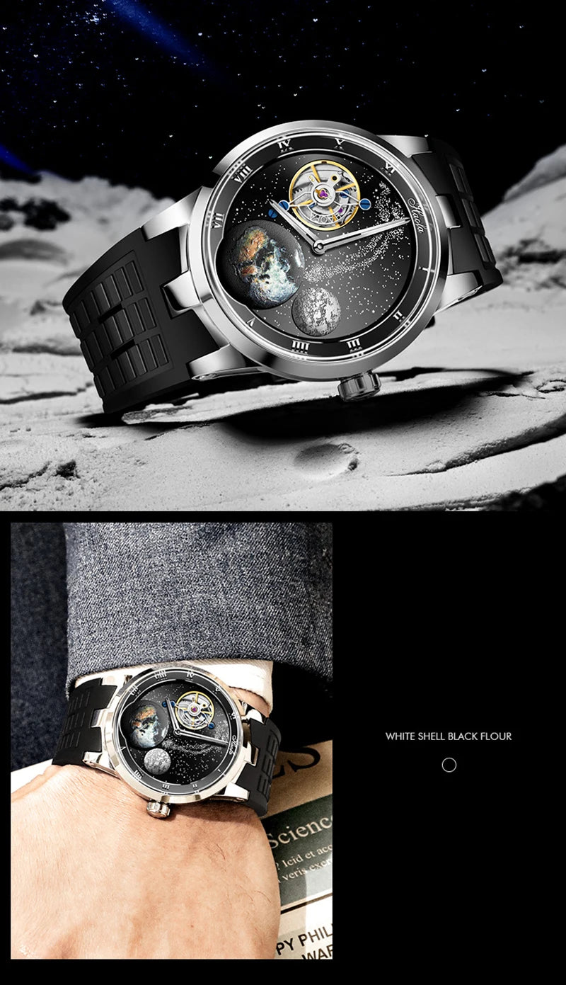 Luxury watch with detailed face on a moon surface and close-up of wrist wearing it.