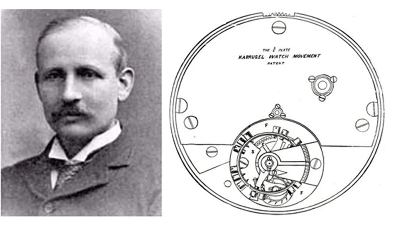 Black and white portrait of a man next to a detailed illustration of a watch movement.