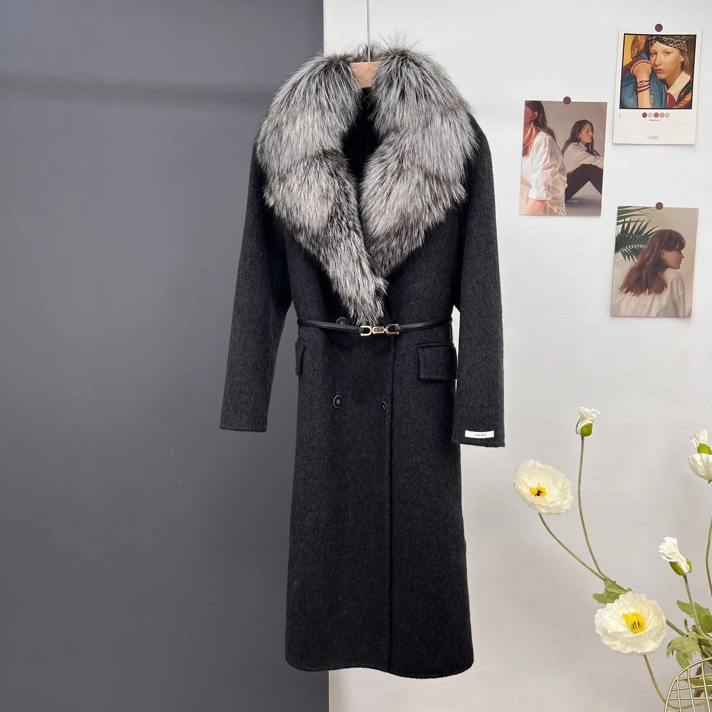 women's luxury wool coat long patchwork design with detachable fox fur
