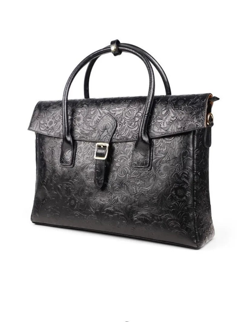 Vintage flower carved leather bag single shoulder briefcase & business satchel
