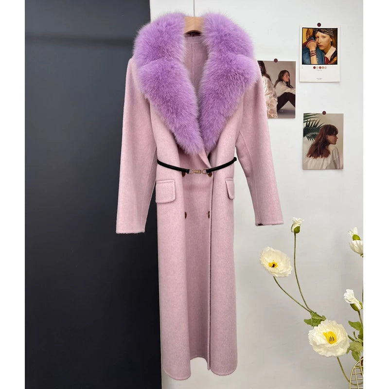 women's luxury wool coat long patchwork design with detachable fox fur