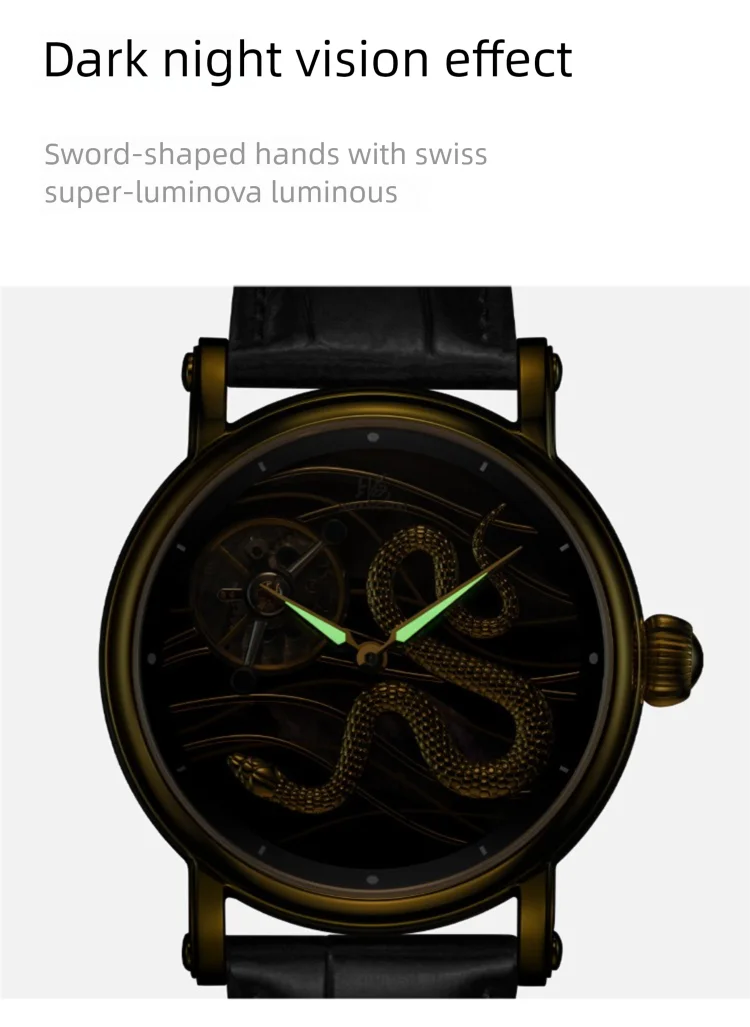 Watch with dark night vision effect and sword-shaped hands on a white background