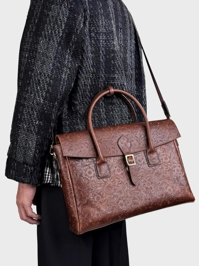 Vintage flower carved leather bag single shoulder briefcase & business satchel