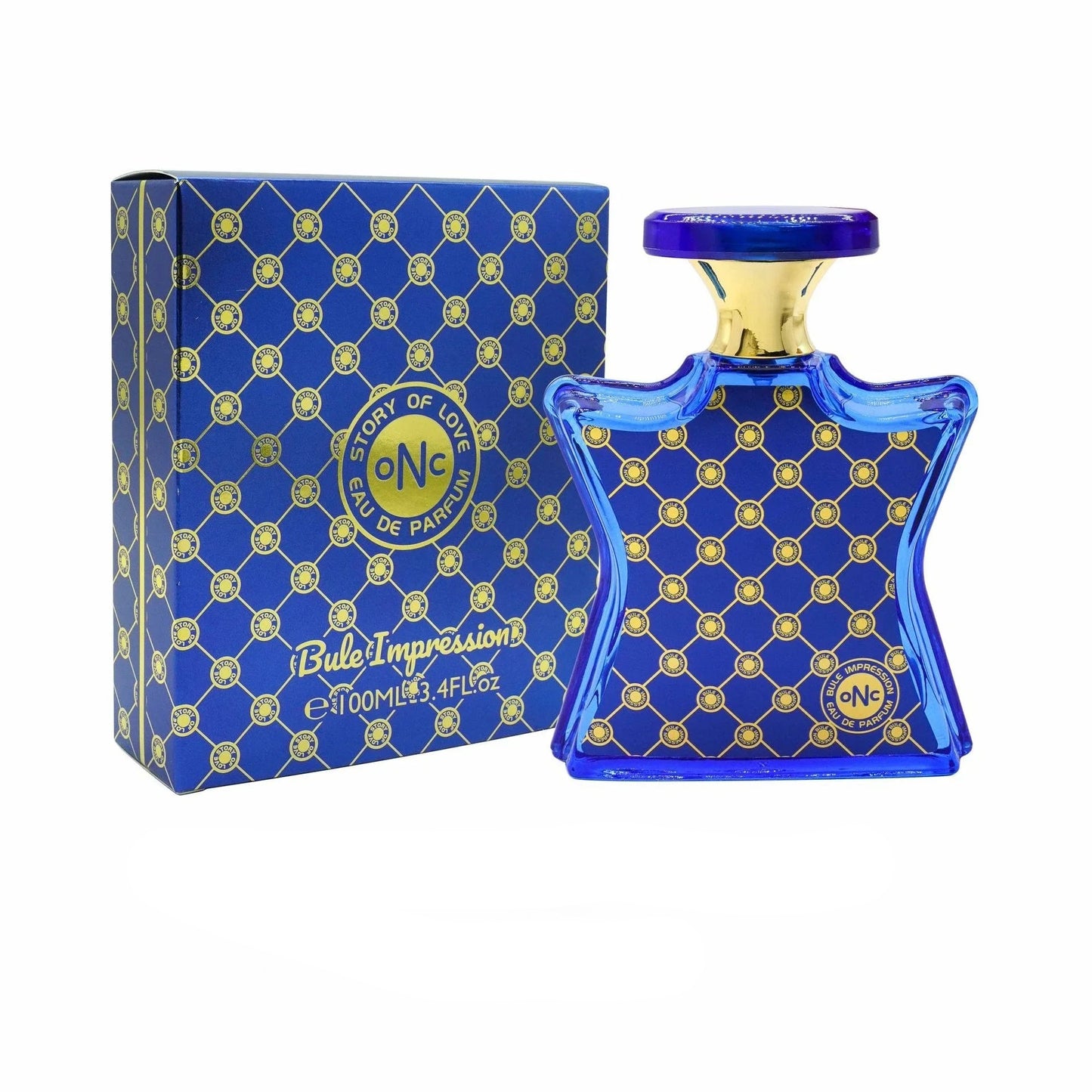 Blue perfume bottle with gold patterns and matching box on a white background