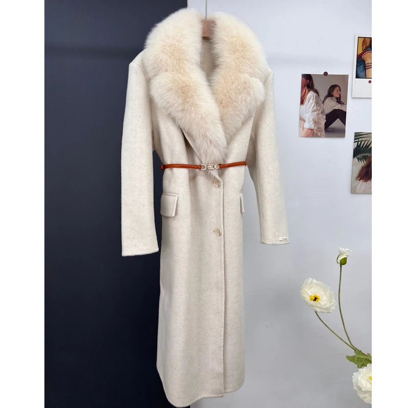 women's luxury wool coat long patchwork design with detachable fox fur