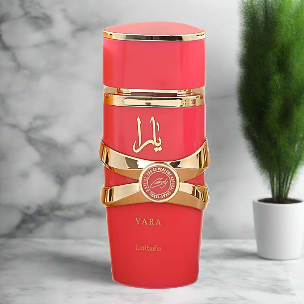 Red and gold perfume bottle with 'Yara' branding on a white background