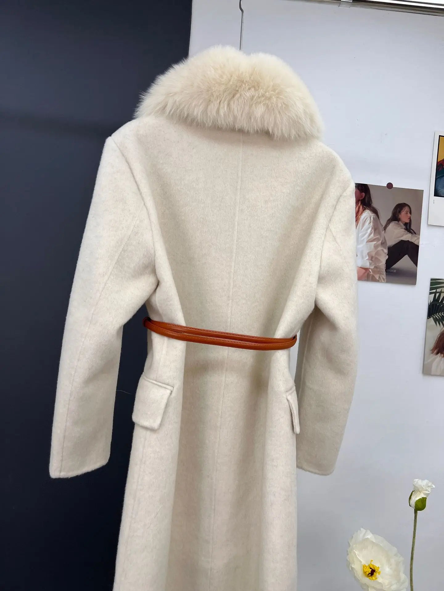 women's luxury wool coat long patchwork design with detachable fox fur