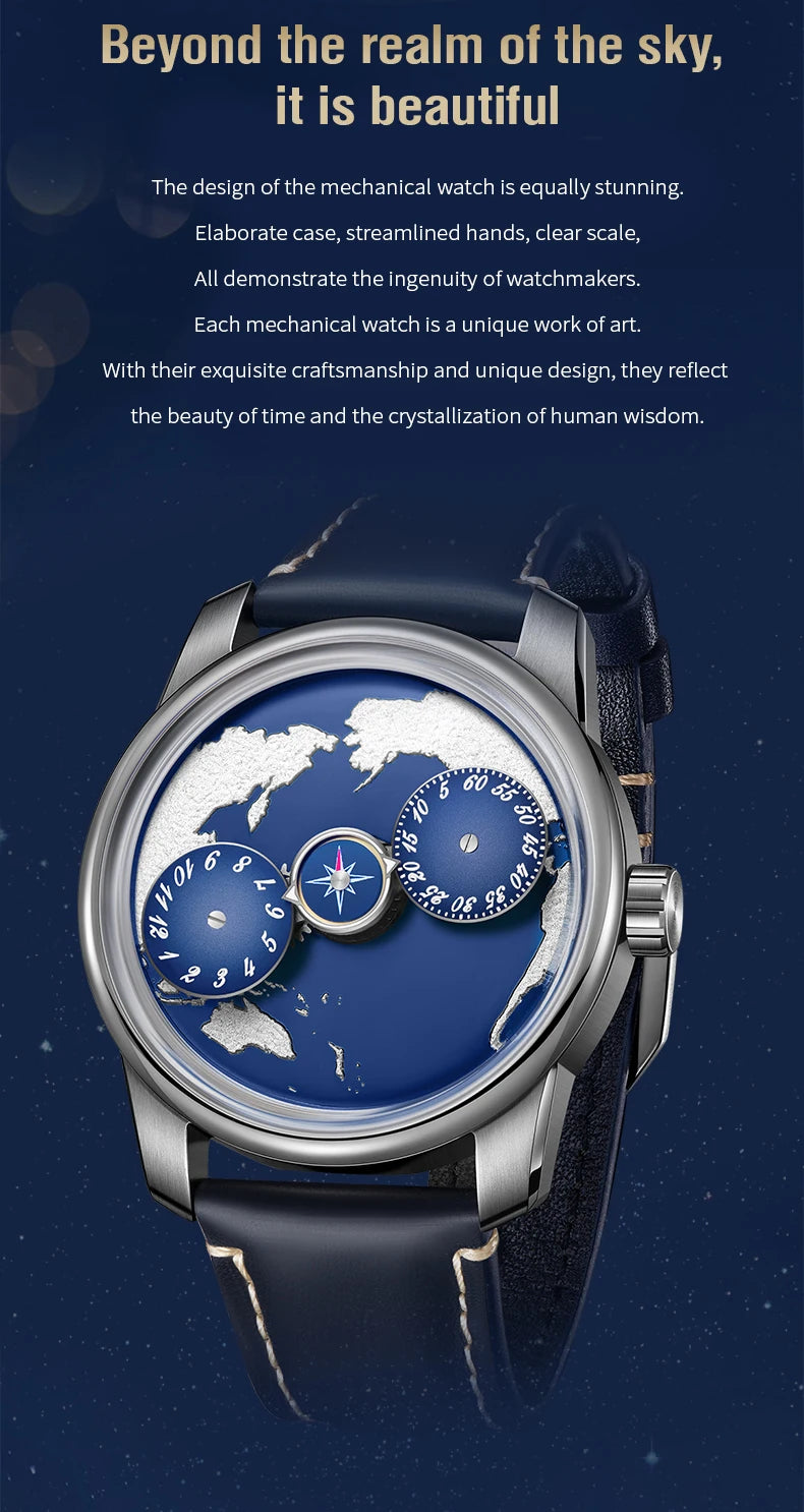 Earth automatic watch unique earth design stainless steel waterproof luminous dial