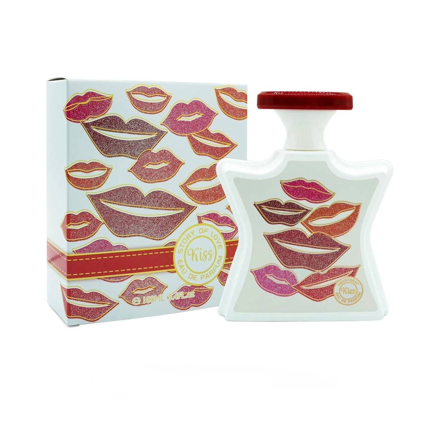 Perfume bottle with decorative packaging featuring lips on a white background