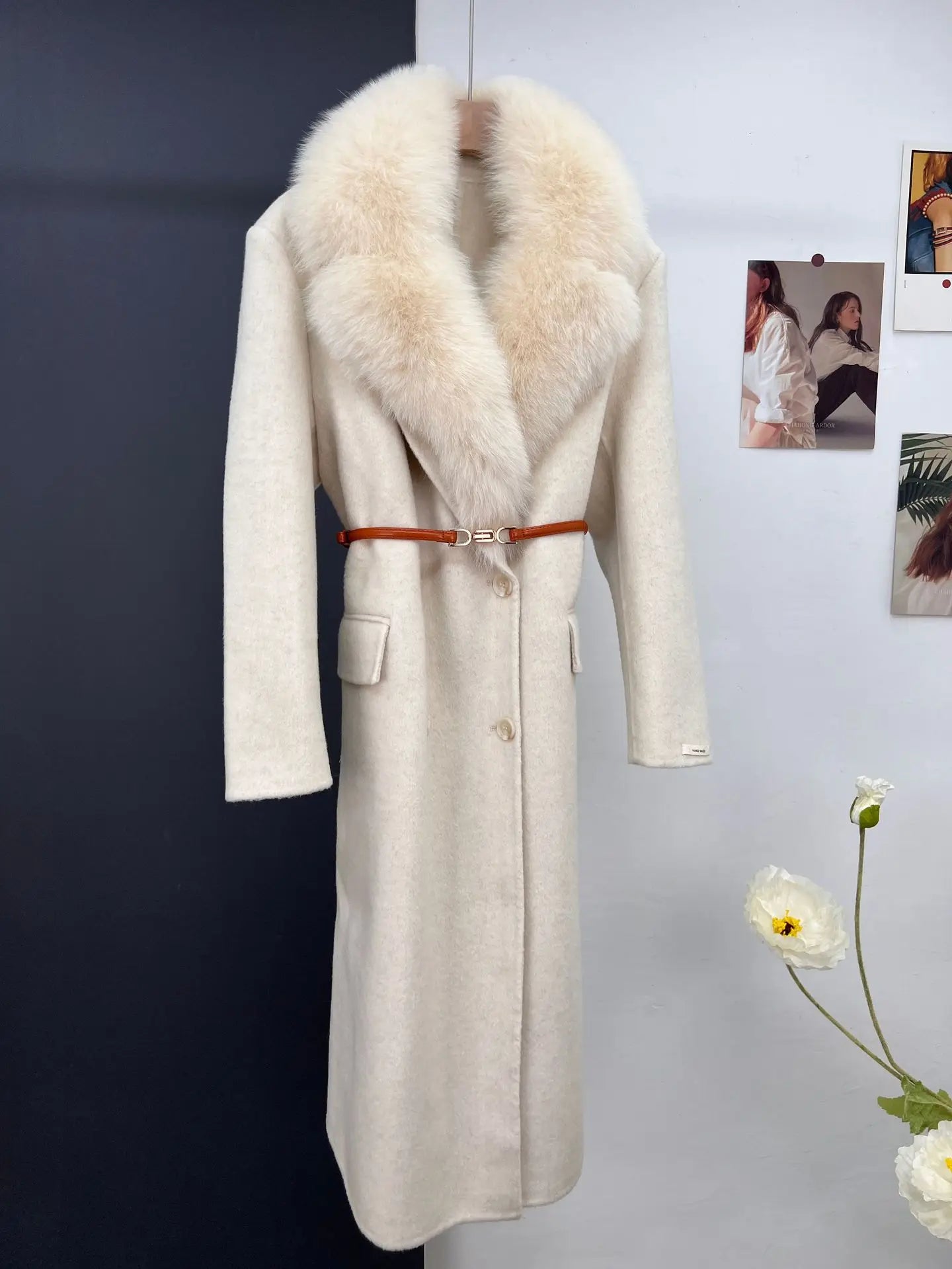 women's luxury wool coat long patchwork design with detachable fox fur