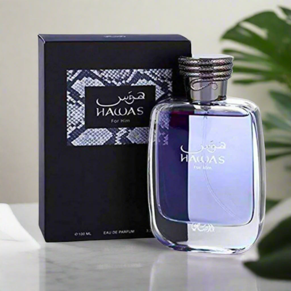Hawas perfume bottle and packaging on a white background