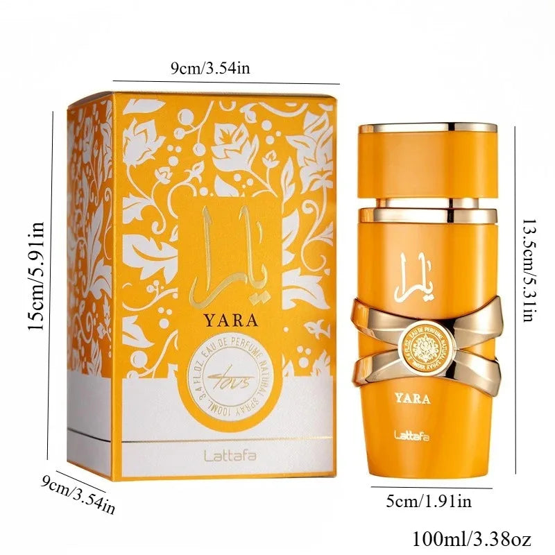 Yara perfume bottle and packaging with measurements