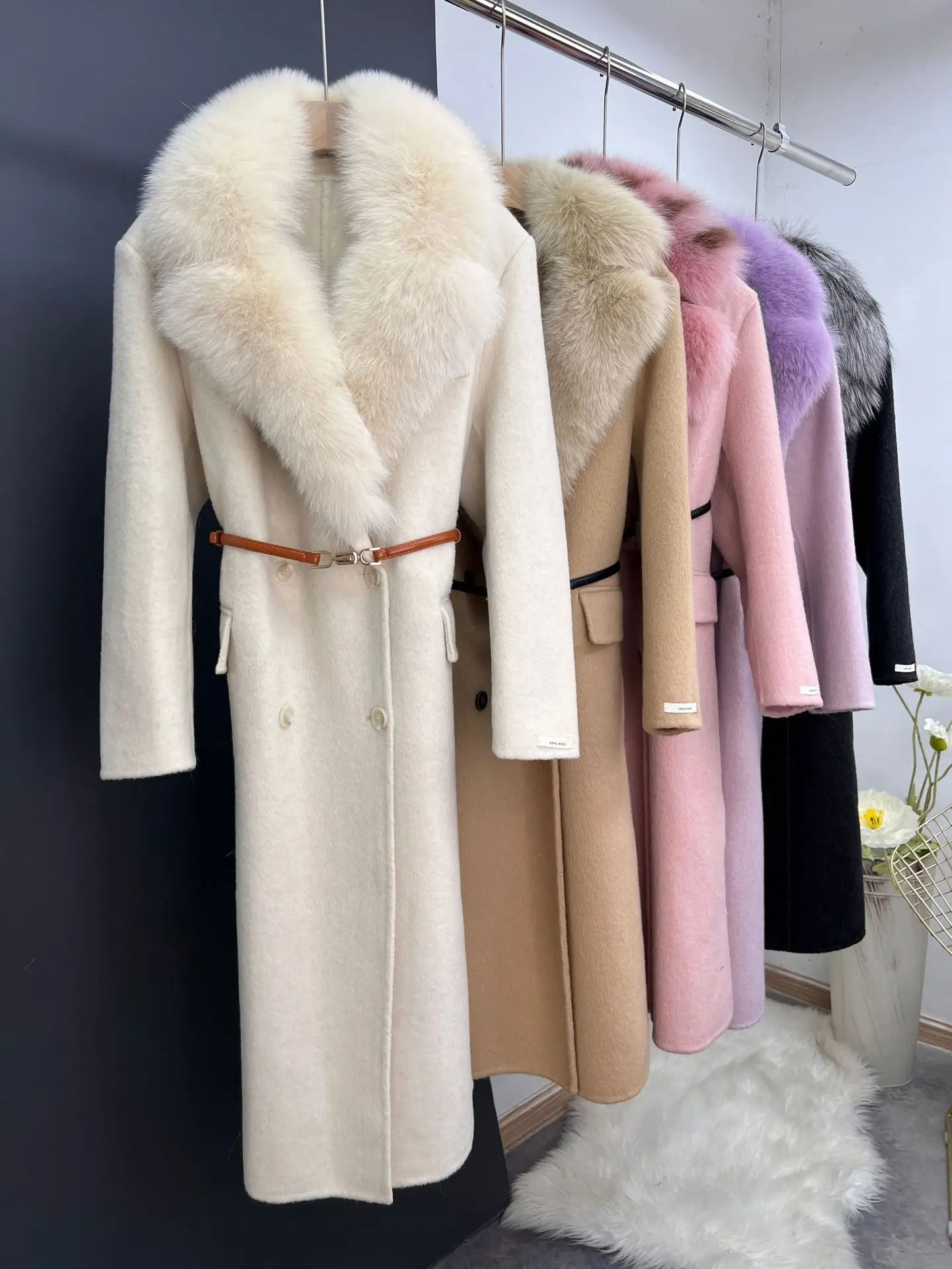 women's luxury wool coat long patchwork design with detachable fox fur