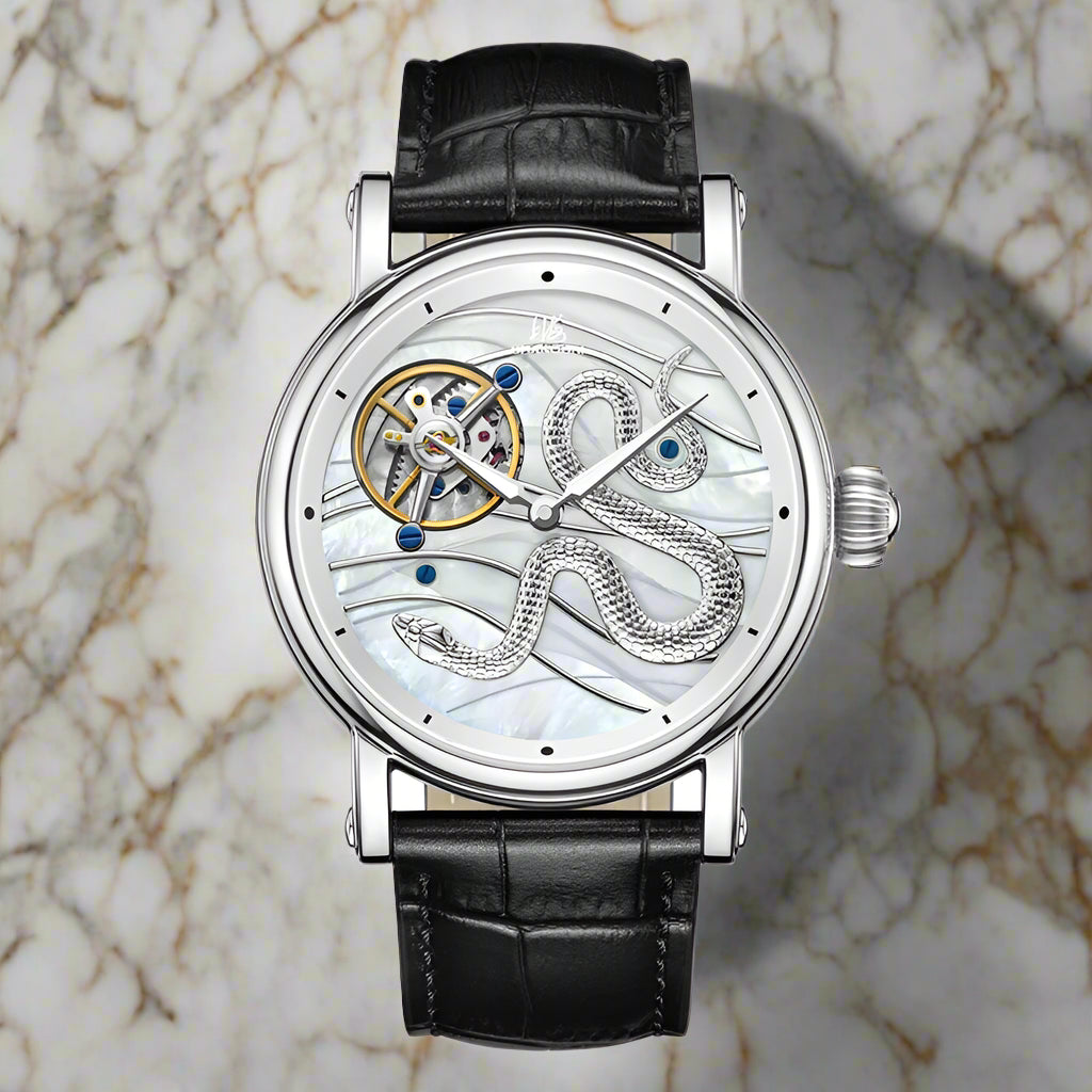 Shanghai watch with black leather strap and visible mechanical components on a white background
