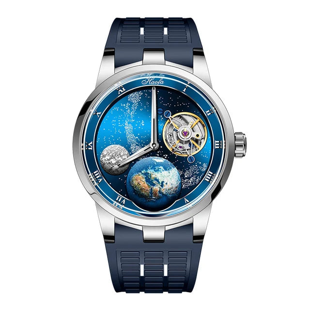 Haoda Tourbillon watch with blue strap and detailed face on a white background
