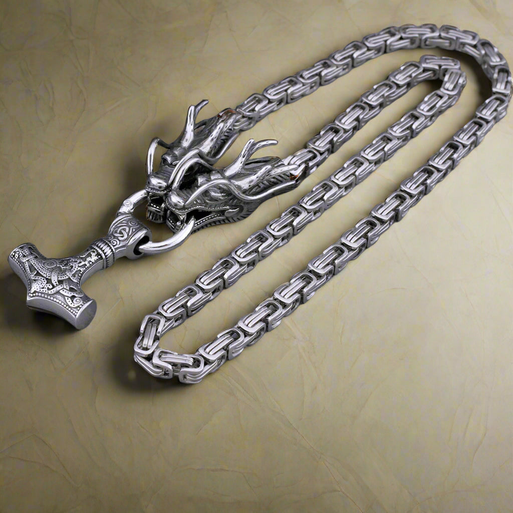 Vintage viking pendant thor hammer amulet necklace steel dragon design