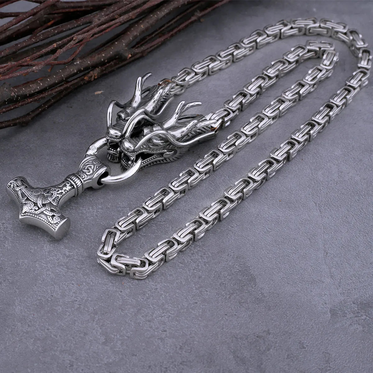 Vintage viking pendant thor hammer amulet necklace steel dragon design