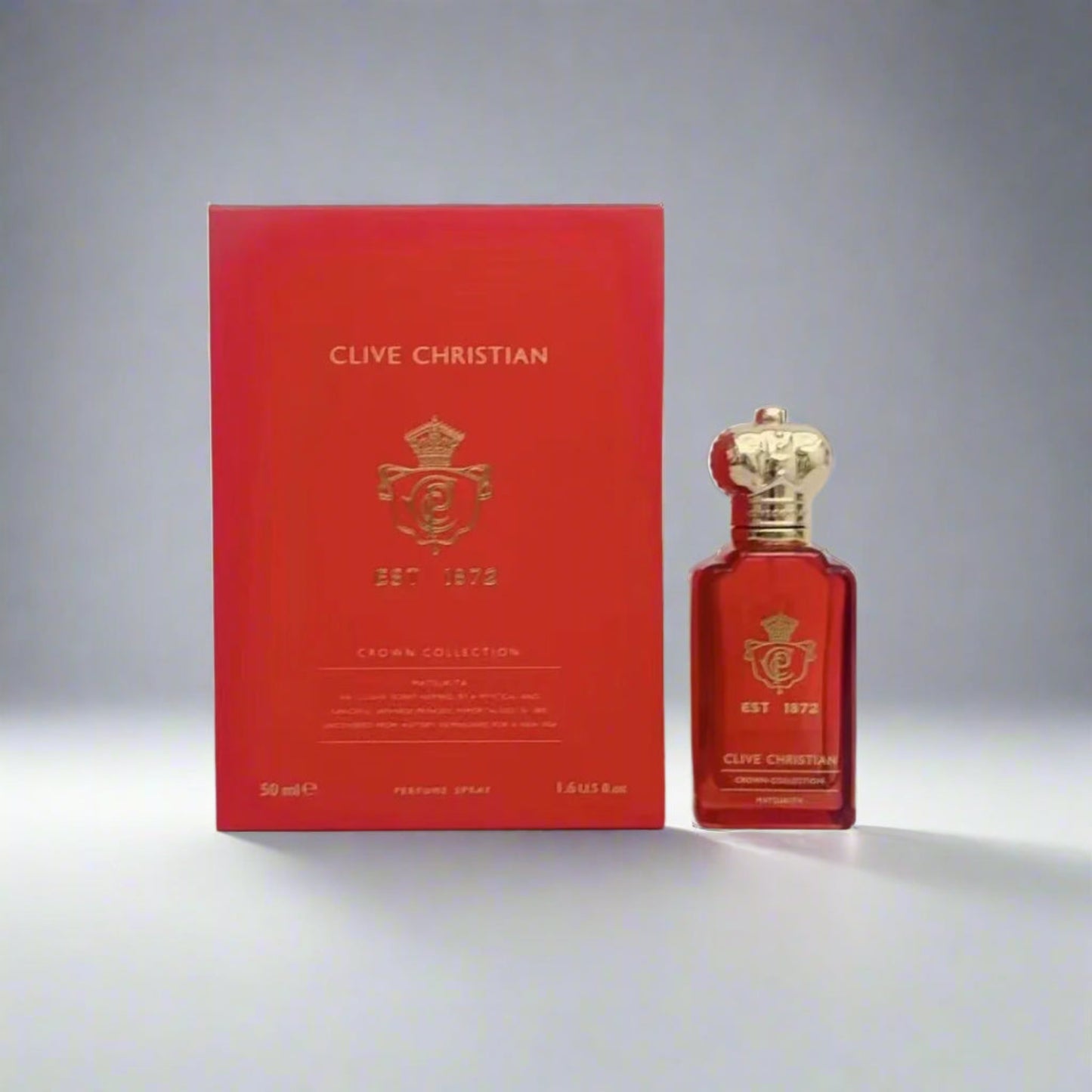 Clive Christian perfume bottle and packaging on a white background