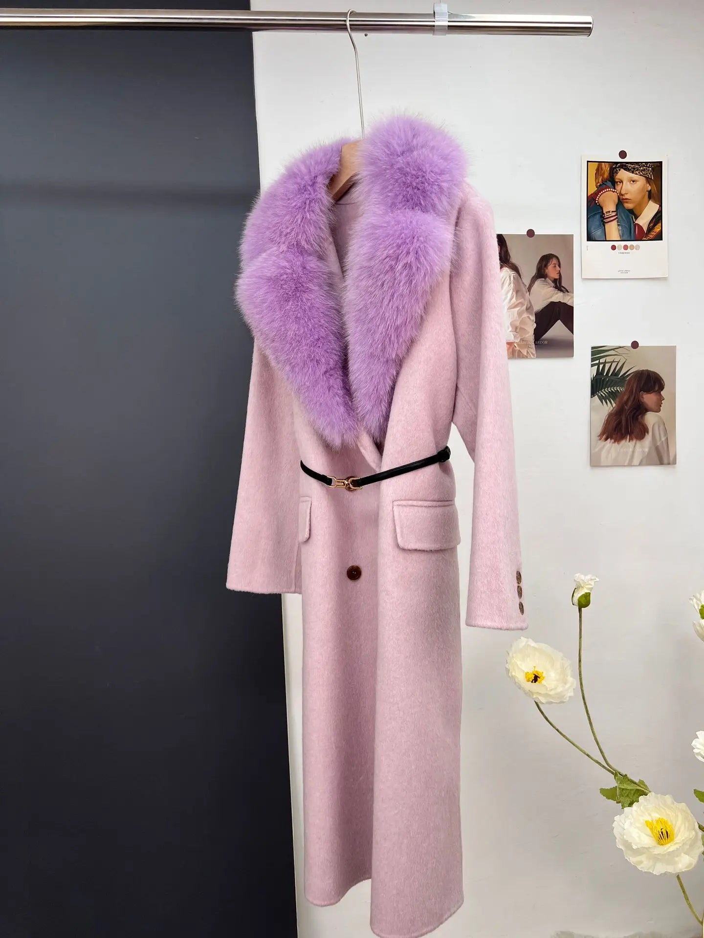 women's luxury wool coat long patchwork design with detachable fox fur
