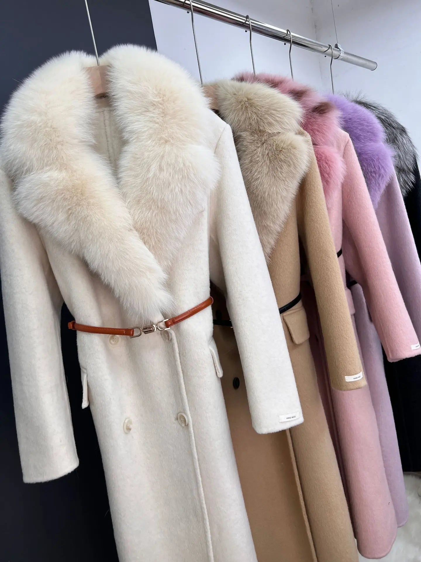 women's luxury wool coat long patchwork design with detachable fox fur