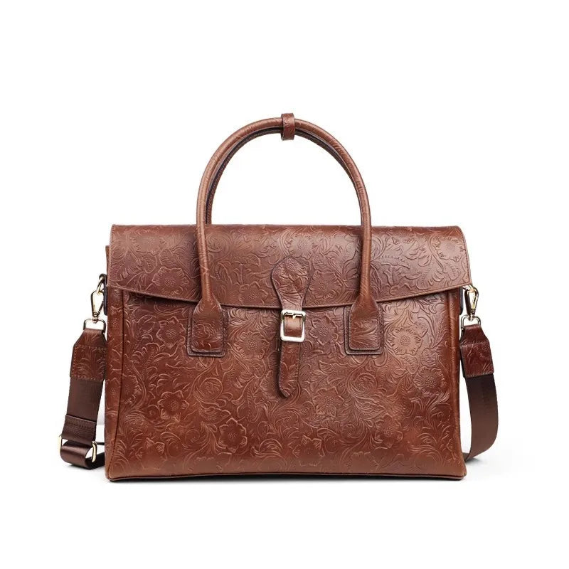 Vintage flower carved leather bag single shoulder briefcase & business satchel