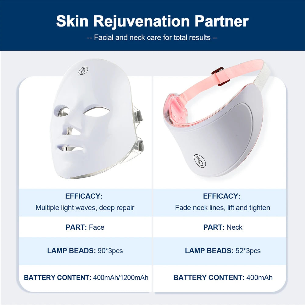 Chargeable 7 Color LED facial & neck light therapy mask anti lifting & whitening
