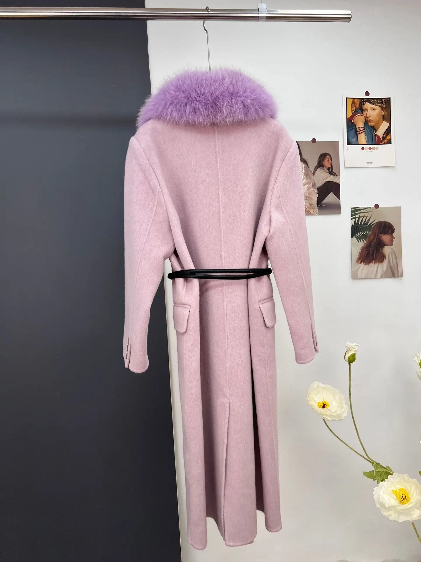 women's luxury wool coat long patchwork design with detachable fox fur