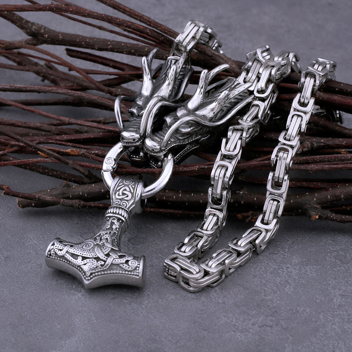 Vintage viking pendant thor hammer amulet necklace steel dragon design