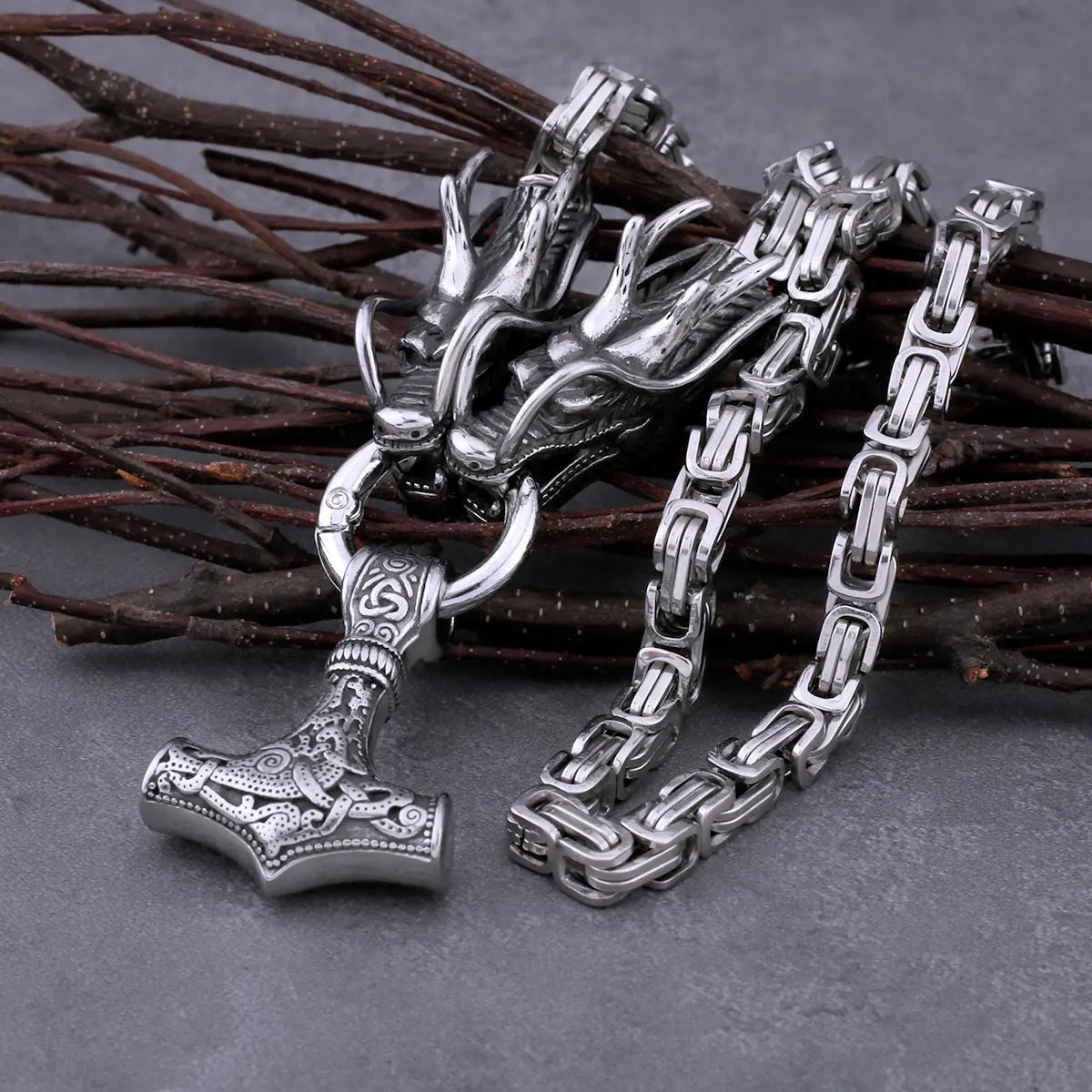 Vintage viking pendant thor hammer amulet necklace steel dragon design