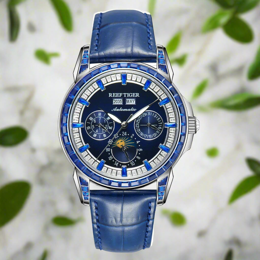 automatic moonphase watch by reef tiger diamonds bezel, blue dial