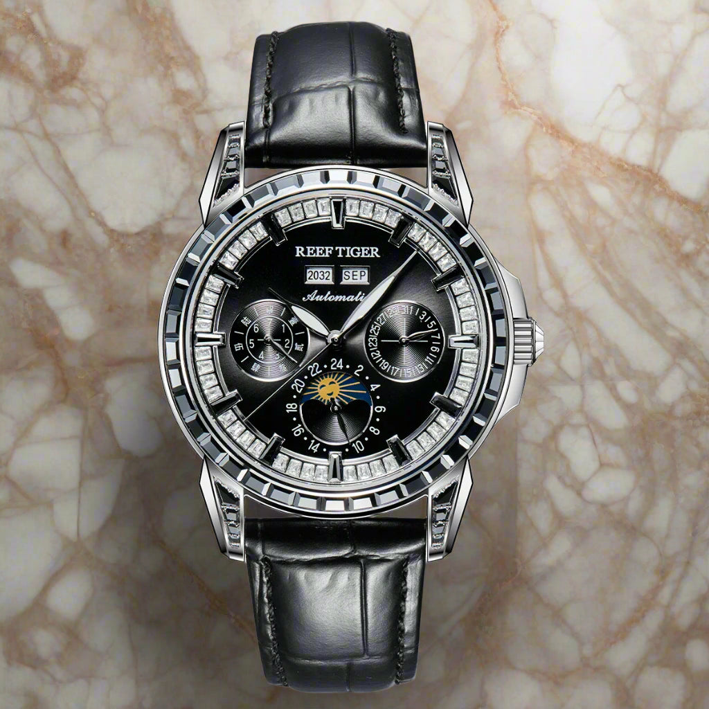 automatic moonphase watch by reef tiger diamonds bezel, blue dial,yt
