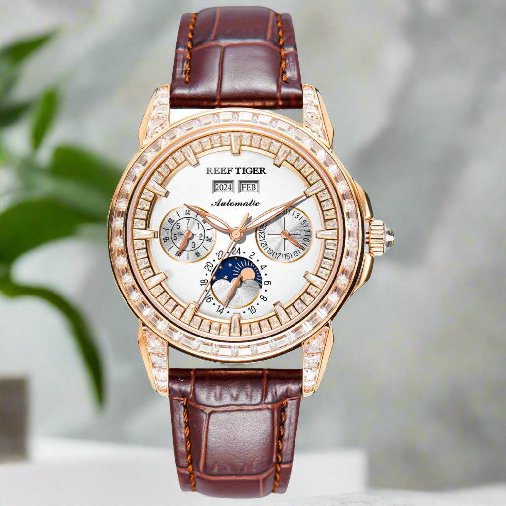 automatic moonphase watch by reef tiger diamonds bezel, blue dial,hh