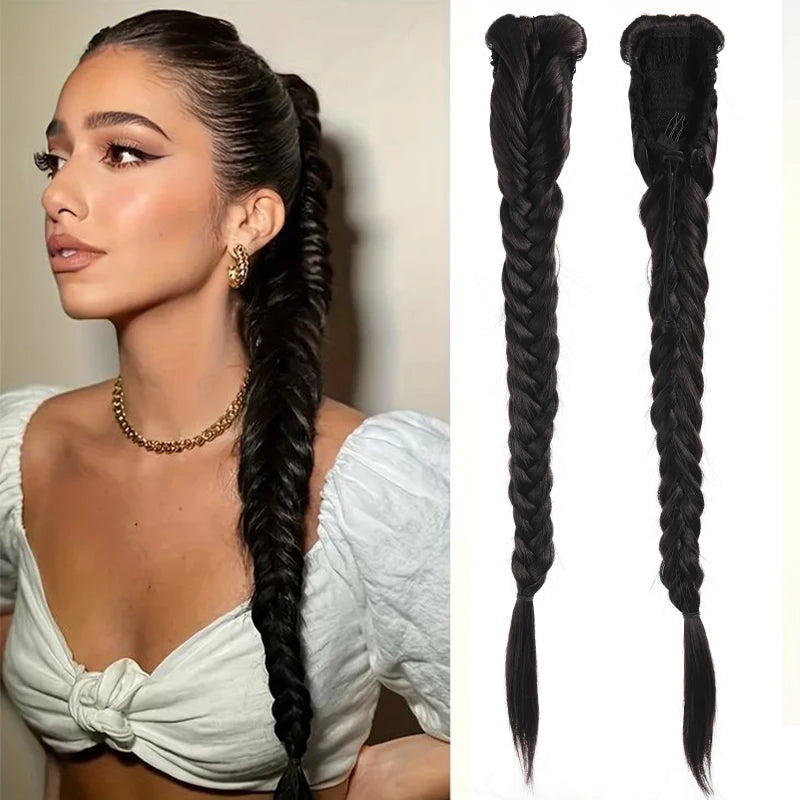 fishbone braid ponytail extensions – 24 inch synthetic curly drawstring hairpiece for women,uy