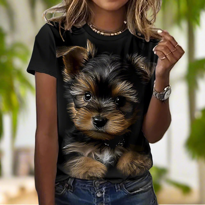 Fashionable short women t-shirt with cute dog print.