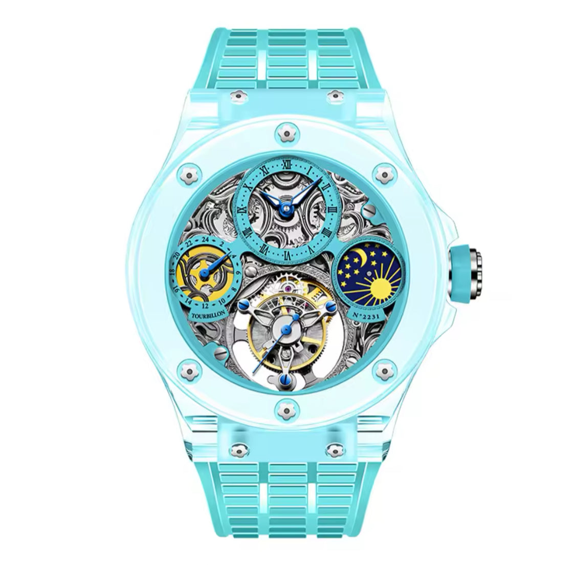 Haofa Crystal Flying Tourbillon Watch Moon Phase Mechanical Wristwatches