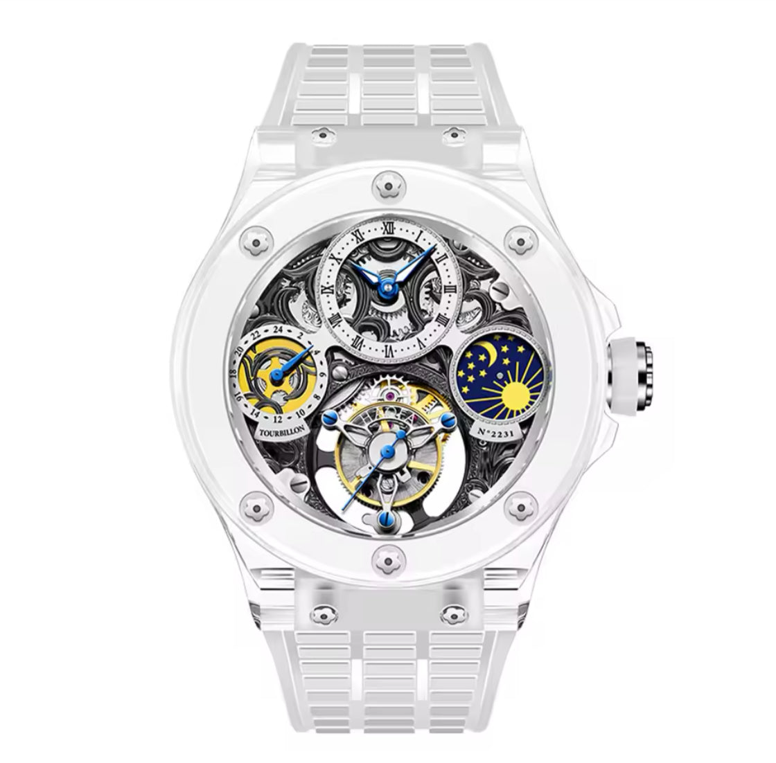 Haofa Crystal Flying Tourbillon Watch Moon Phase Mechanical Wristwatches