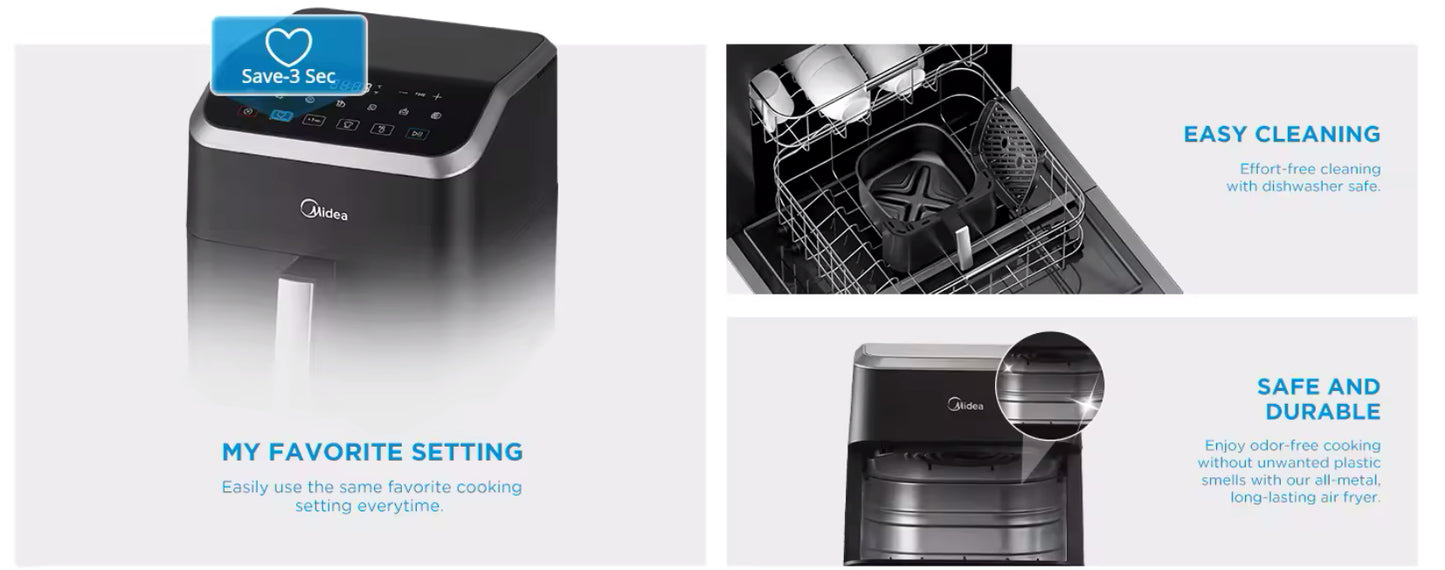 Hot air Fryer Large capacity, heats press technology, 90% Less Oil, Energy and Time Saving midea