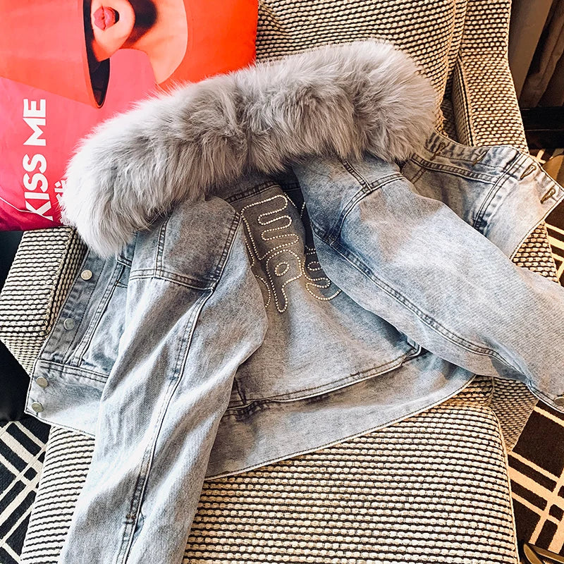 Limited availability Real Fox fur thick warm denim parkas female winter coat