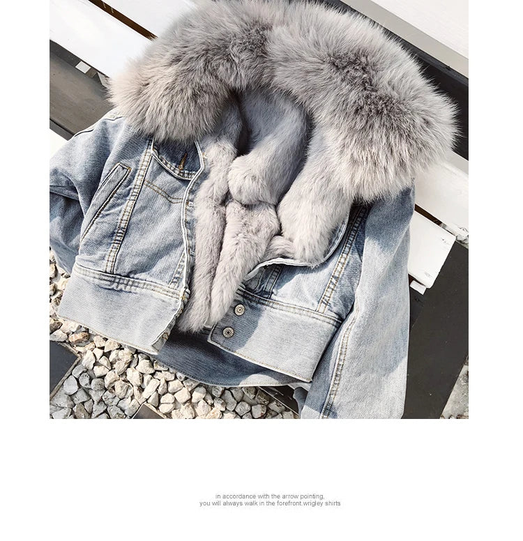 Limited availability Real Fox fur thick warm denim parkas female winter coat