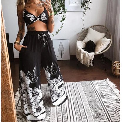 2 pcs suit tracksuit sets womens outfits boho style print loose wide