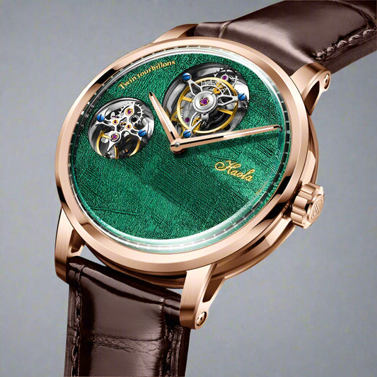 Luxury watch with green face and brown leather strap on white background
