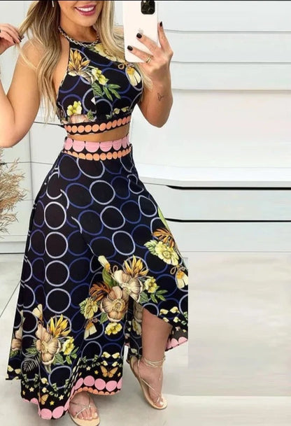 Women  Floral Print Halter Lace Up Crop Tops High Silt Skirt Maxi Vacation Skirt Sets,