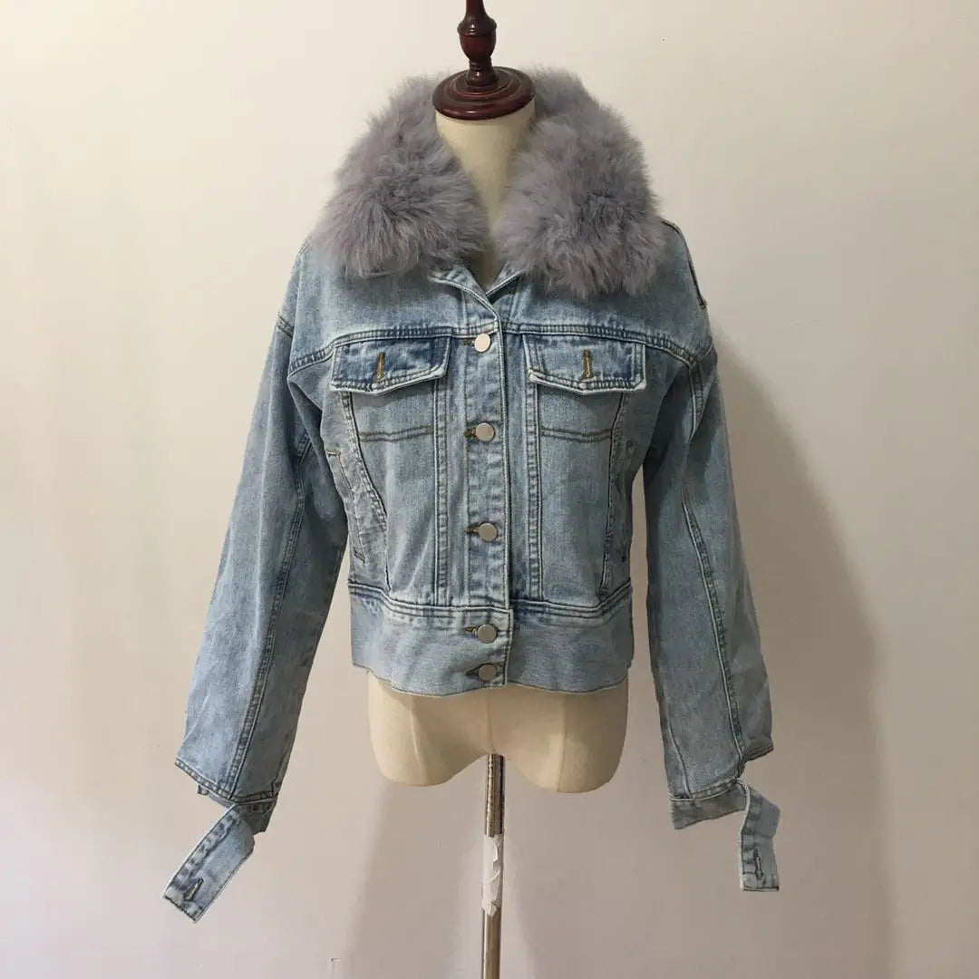 Limited availability Real Fox fur thick warm denim parkas female winter coat