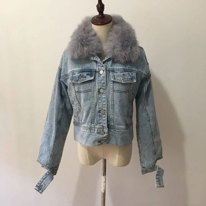 Limited availability Real Fox fur thick warm denim parkas female winter coat