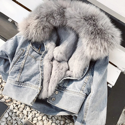 Limited availability Real Fox fur thick warm denim parkas female winter coat