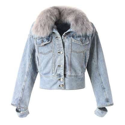 Limited availability Real Fox fur thick warm denim parkas female winter coat