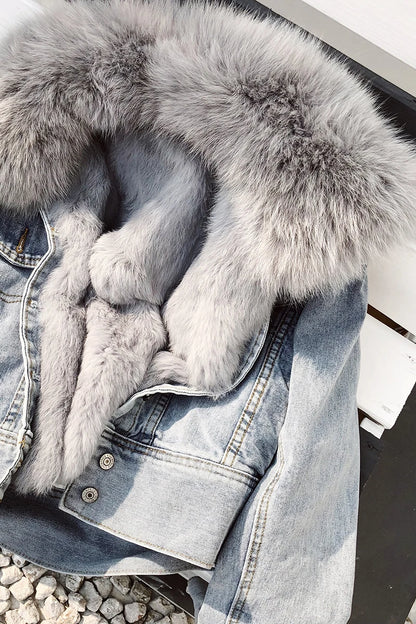 Limited availability Real Fox fur thick warm denim parkas female winter coat