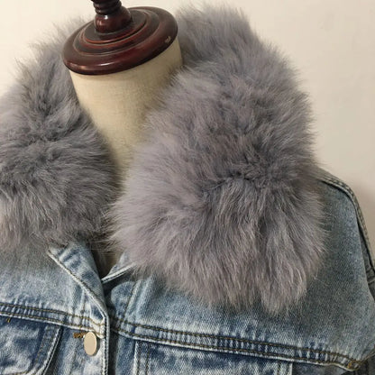 Limited availability Real Fox fur thick warm denim parkas female winter coat